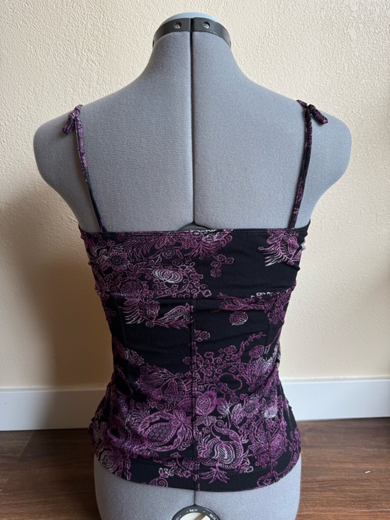 Mexx Black & Purple Floral Lace Trim Cami Top Ruched V-Neck Y2K Sheer Mesh Tank - Picture 6 of 12